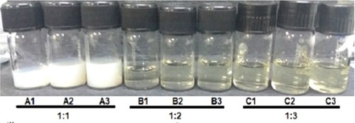 Figure 2 Visual appearances of all the formulations with varying sonication time depict colour gradient from milky white to clear emulsion.