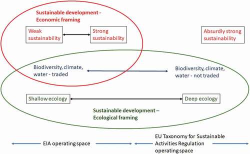 Figure 2. Operating space for EIA and EU taxonomy for sustainable activities regulation in the context of sustainable development framings.