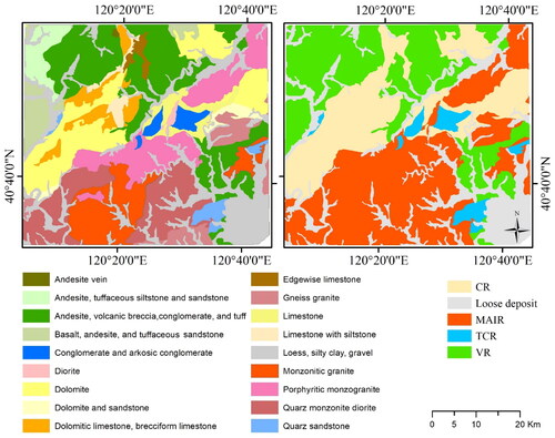 Figure 3. The referenced geologic map (modified from the geologic map from the bureau of geology and mineral resources of Liaoning province) and simplified geologic map.