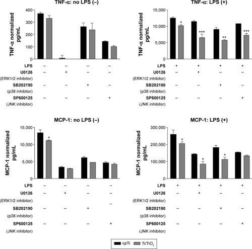 Figure 4 Effects of selective inhibitors of p38 (SB202190), ERK1/2 (U0126), and JNK (SP600125) on the production of TNF-α and MCP-1.Notes: Cells were allowed to adhere on the samples for 18 hours, then were incubated with specific MAPK inhibitors for 1 hour and further treated with 1 µg·mL−1 LPS for 24 hours. The secreted pro-inflammatory factors were detected in cell culture media using ELISA assay. The data are expressed as mean ± SD. *P<0.05; **P<0.01; ***P<0.001.Abbreviations: cpTi, commercial pure titanium; ELISA, enzyme-linked immunosorbent assay; JNK, c-Jun NH2-terminal kinase; LPS, lipopolysaccharide; MAPK, mitogen-activated protein kinase; MCP-1, monocyte chemotactic protein-1; TNF-α, tumor necrosis factor α; ERK, extracellular signal-regulated kinase; SD, standard deviation; vs, versus.