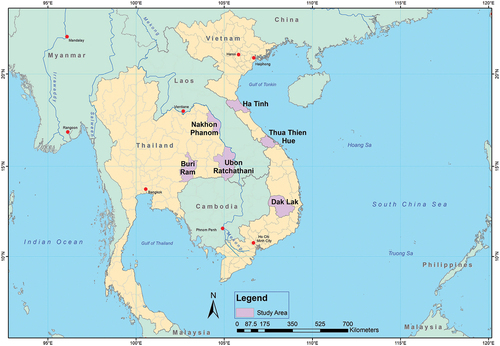 Figure 1. Study sites of the Thailand–Vietnam Socio-Economic Panel (TVSEP) project in Thailand and Vietnam.