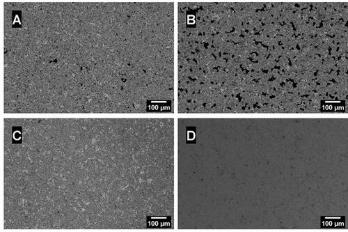 Figure 6. SEM micrographs of sintered longitudinal (A) and transverse (B) polished section surfaces and of sinter-HIPed longitudinal (C) and transverse (D) polished section surfaces of the 50_60 specimen.
