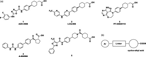 Figure 1. (a) Structures of reported DGAT1 inhibitors; (b) diagram showing structural features of DGAT-1 inhibitors.