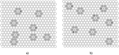 Figure 1. Two states of the i-subsystem (grey lattice positions) generated by eight i-atoms with (a) two and (b) five lattice positions occupied by j-atoms.