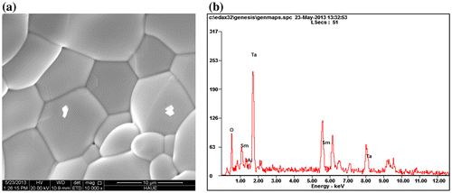 Figure 2. (a) Microstructure of as-prepared Sm2AlTaO7 oxide; (b) EDS pattern of Sm2AlTaO7.