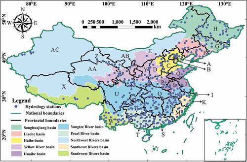 Figure 1. Map of China showing the locations of the 370 hydrological stations used in this study. A: Beijing; B: Tianjin; C: Hebei; D: Shanxi; E: Inner Mongolia; F: Liaoning; G: Jilin; H: Heilongjiang; I: Shanghai; J: Jiangsu; K: Zhejiang; L: Anhui; M: Fujian; N: Jiangxi; O: Shandong; P: Henan; Q: Hubei; R: Hunan; S: Guangdong; T: Guangxi; U: Sichuan; V: Guizhou; W: Yunnan; X: Tibet; Y: Shaanxi; Z: Gansu; AA: Qinghai; AB: Ningxia; AC: Xinjiang.