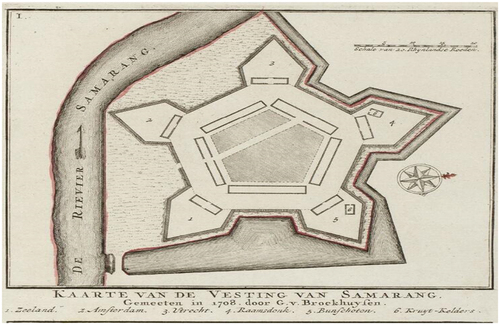 Figure 6. A Map of The Old City of Semarang equipped with walls of De Vijfhoek van Semarangh (The Five Corners of Semarang Fortress, namely 1. Zeeland, 2. Amsterdam, 3. Utrecht, 4. Raamsdonk, 5. Bunschoten), 1708.