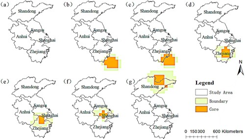 Figure 8. Positional changes of Typhoon ‘Lekima’ at each stage (a) 01:00 on August 7, (b) 09:00 on August 9, (c) 03:00 on August 10, (d) 11:00 on August 10, and (e) 01:00 on August 13.