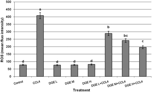 Figure 2. The changes of intracellular ROS levels in liver tissues of male rats exposed to CCl4 and/or D. glabra extract. DGE: D. glabra extract, DGE L: 50 mg/kg bw, DGE M: 100 mg/kg bw and DGE H: 200 mg/kg bw of D. glabra extract. Data are presented as mean ± SEM. a,b,c,d, are significantly different (p ≤ 0.05).