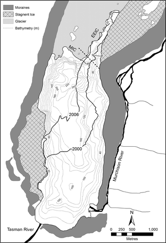 FIGURE 2 Bathymetric map of Tasman Lake from the April 2008 echo-sounding survey. The location of the terminus in 2000 and 2006 is shown along with two sub-bottom sonar profiles (Fig. 6). The subdivision between the eastern embayment ice cliff (EEIC) and the main ice cliff (MIC), north and south of the dotted line, is also shown.