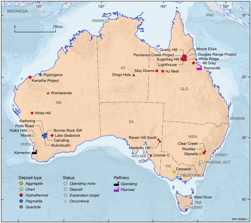 Figure 1. Map of Australia highlighting known high-purity quartz (HPQ) operations, deposits, exploration targets and occurrences. Note that the HPQ information shown on the map is not exhaustive, and new deposits, exploration targets and occurrences are being discovered. Refer to Table 1 for further detail.