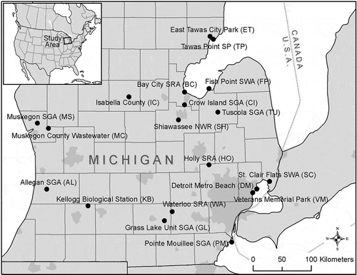 Figure 1. Environmental sampling sites. Locations of sampling sites in the lower-peninsula of Michigan, USA.