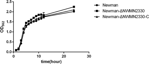 Figure 1 Growth curves of Newman, Newman-ΔNWMN2330, Newman-ΔNWMN2330-C. The data were analyzed by one-way ANOVA, and there was no difference in daily bacterial growth between Newman and Newman-ΔNWMN2330.