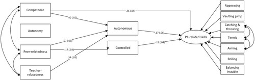 Figure 2. Significant paths among basic psychological needs, PE-motivation, and PE-related skills, controlling for age, gender, and zBMI. Standardized path coefficients (betas) and associated standard errors are presented in the figure.