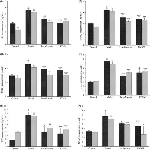 Figure 8. ELISA results of rat serum and alveolar lavage fluid. The black bars represent the expression levels of factors in serum, and the gray bars represent factor levels in alveolar lavage fluid. Data were expressed as the mean ± S.E.M. (n = 10). #p < 0.05 vs. control group. *p < 0.05, ***p < 0.001 vs. model group.