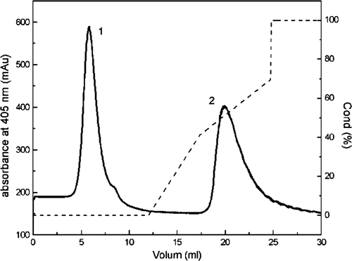 Figure 3.  Elution process of the pegylated hemoglobin using ion-exchange chromatography on CM Sepharose Fast Flow. The column was equilibrated with 10 mM PBS at pH6.8, and the column was eluted with 1M NaCl in 10 mM PBS at pH6.8. The flow rate was 1.0 ml min/ml and the elution profiles were monitored by absorbance at 280 nm and 405nm.
