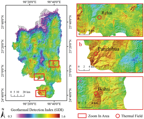Figure 8. Spatial distribution of Geothermal Detection Index (GDI) values. The enlargements show areas marked “a”, “b”, and “c” in the left image centered on thermal fields.