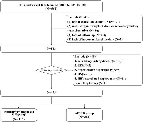 Figure 1. Flow chart of selection of the study population. GN: glomerulonephritis; uESRD: unknown causes of end-stage renal disease; RTA: renal tubular acidosis; DN: diabetic nephropathy; HBV: hepatitis B virus.