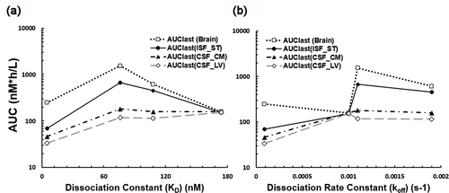 Figure 3. The influence of binding kinetic parameters to antibody exposure in the central nervous system. (a) The relationship between the AUC in different regions of the brain after 10 mg/kg i.v. administration of OX26 variants in rats and dissociation constants (KD) for TfR. A bell-shaped relationship was observed in the ISF and brain, but not in the CSF compartments. (b) The relationship between the AUC and dissociation rate constants (koff). AUC was computed from time 0 to the last time point (72 h). Open square: AUCbrain, closed circle: AUCISF(ST), closed triangle: AUCCSF(CM), and open diamond: AUCCSF(LV). AUC: area under the concentration curve, ISF: interstitial fluid, CSF: cerebrospinal fluid, ST: striatum, CM: cisterna magna, LV: lateral ventricle