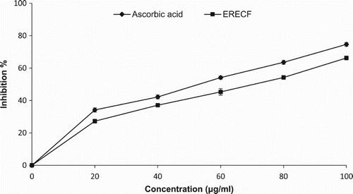 Figure 2. Nitric oxide radical scavenging activity of ethanolic root extract of Coleus forskohlii (ERECF) and standard antioxidant compound, ascorbic acid.