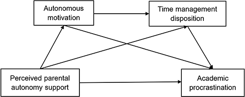 Figure 1 Hypothetical model diagram of the relationship between perceived parental autonomy support and academic procrastination.