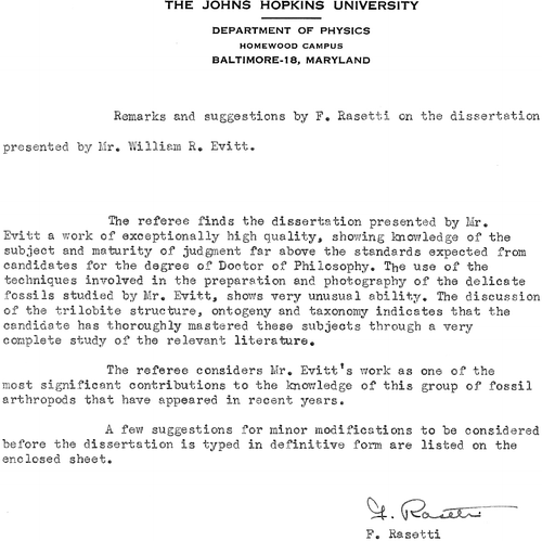 Figure 8. The very positive report on Bill Evitt's PhD thesis (Trilobites from the Lower Lincolnshire Limestone near Strasburg, Shenandoah County, Virginia) by his principal supervisor, Franco Rasetti of Johns Hopkins University, Maryland. The oral examination upon which the report is based took place in mid-January 1950, with Rasetti as chair. The image is reproduced with the approval of the Evitt family.