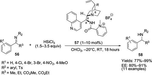 Figure 20 Application of epi-cinchonidine alkaloid-derived cationic picolinamide catalyst in hydrosilylation of imines.