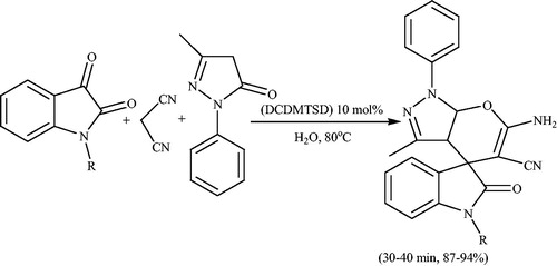 Scheme 42. Synthesis of spiro-pyrano[2,3-c]pyrazoles in the presence of DCDBTSD.