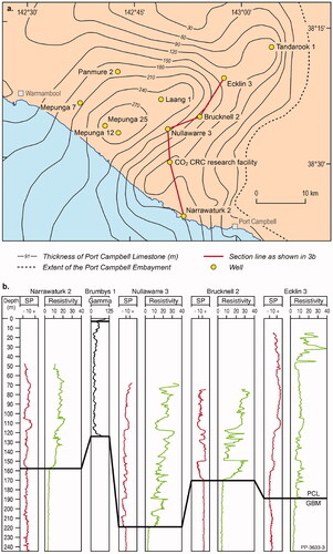 Figure 3. (a) Isopach map of the Port Campbell Limestone in the Port Campbell Embayment (Bush, Citation2009). (b) Character of the Port Campbell Limestone is defined by SP (LHS) and Resistivity (RHS) logs in all wells except Brumbys 1 (Vcl gamma only). Shoaling-upward cyclicity (Resistivity) appears to be characteristic. Resistivity cycles suggest both decreasing salinity of porewaters and/or increased porosity in cleaner carbonates upcycle. The thick black line indicates the boundary between the Port Campbell Limestone (PCL) and Gellibrand Marl (GBM) based on resistivity/gamma signal and well logs. In Brumbys 1, the boundary between the Hesse Clay and Port Campbell Limestone is also shown.