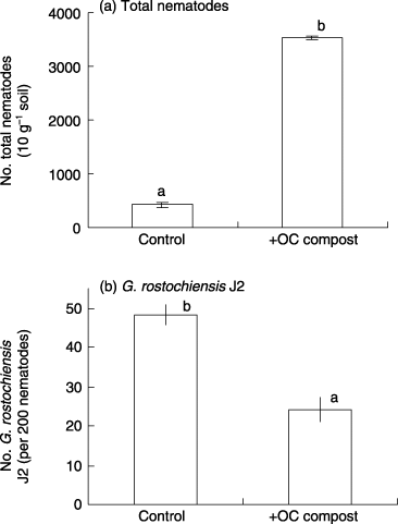 Figure 4  Effect of okara/coffee extraction residue compost on the numbers of (a) total nematodes and (b) Globodera rostochiensis J2 estimated from real-time polymerase chain reaction. Data are the means of four replicates (±standard deviation). Data with different letters are significantly different (P < 0.05).