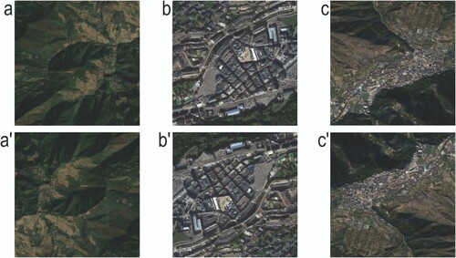 Figure 3. Images with the relief inversion effect (a, b, c) are the original images published by Google Maps. Rotating the images 180° restores the true relief (a’, b’, c’). (a) ABC is perceived as a ridge, even though it is a river. (b) and (c): Despite seemingly obvious clues, many people view houses as courtyards and streets as walls. Source: Own elaboration from Google Maps (Map data: ⓒ 2016 Google, Landsat).