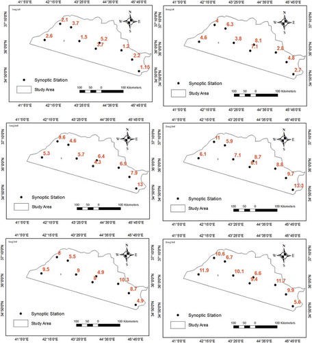 Figure 5. Average drought severity (Savg) and average drought duration (Davg) for 6-month Standardized Precipitation Evapotranspiration Index (SPEI-6) for the periods 1983–1993 (top), 1994–2004 (middle) and 2005–2014 (bottom)