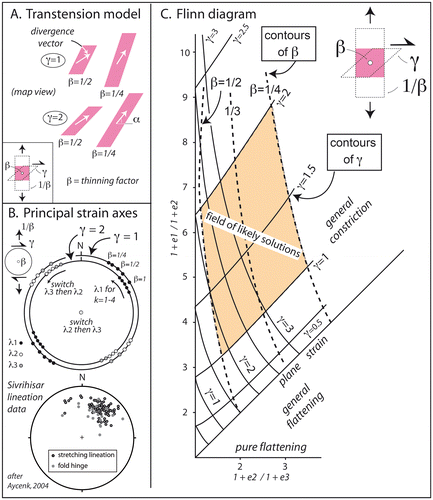 Figure 8. Transtension strain modeling results; (A) boundary conditions for the transtension model; (B) position of λ1; (C) field of likely solutions in the constriction region of the Flinn diagram; see text for discussion.