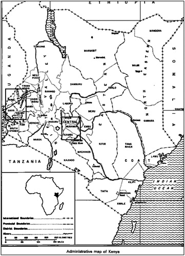 Figure 7: Administrative map of KenyaSource: ILO (1972) ‘Employment, incomes and equality’ Note: ▭ Main labour supplying area.