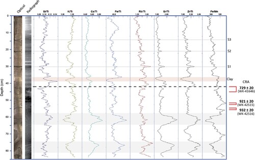 Figure 10. Ti-normalised elemental data and the Fe/Mn ratio for core TC-06A. Dashed line indicates depth below which, sediments are deformed. Radiocarbon dates are shown as conventional radiocarbon age (CRA) with the associated lab identifier, and their calibrated range can be found in Table 1 as cal. yr BP at 2σ from the SHCal20 curve (Hogg et al. Citation2020) as produced in Calib8.2.