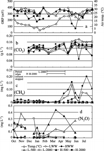 Figure 2  (a) Variations in air temperature and oxidation–reduction potential (ORP) of treated water and concentrations of (b) CO2, (c) CH4 and (d) N2O dissolved in the L-500, L-2000, H-500 and H-2000 treatment waters, and in wastewater containing low (LWW) and high (HWW) levels of contaminants. The period during which the influent stopped because of clogging in the L-2000 and H-2000 treatments is shown in (c).