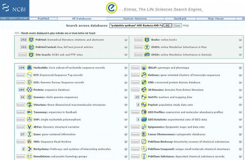 Figure 6. Results of a global Entrez search using the following as query, “polyketide synthase” AND Bacteria AND Fungi.