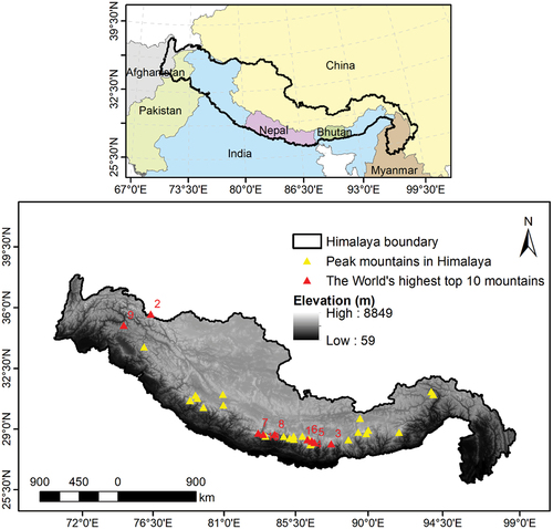 Figure 1. Location and elevation maps of the transboundary Himalayan mountain region in Asia includes the world’s 10 highest peaks.