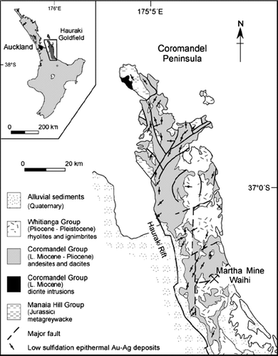 Fig. 1  Geologic map of the Coromandel Penninsula, North Island, New Zealand, showing the location of the Martha Mine and other epithermal Au-Ag deposits in the Hauraki Goldfield (after Skinner Citation1986).