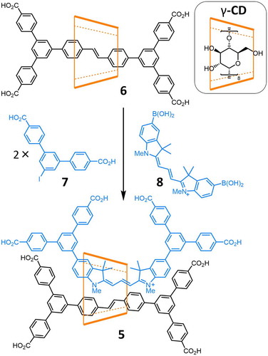 Scheme 2. (colour online) A hetero[3]rotaxane 5 is assembled in a Suzuki coupling reaction between [2]rotaxane 6 and dumbbell precursors 7 and 8.