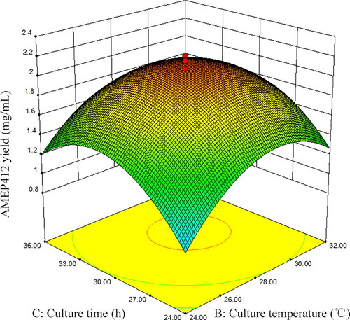 Figure 4. Response surface plot for AMEP412 yield as a function of temperature and culture time.