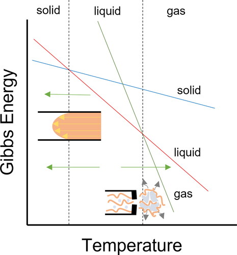 Figure 9. Phase transitions in foods can be described with the Gibbs energy as a function of temperature and the slope equals the negative entropy. Shown here is a single compound system at constant pressure. At the crossover point, the system spontaneously undergoes a phase transition to the lower Gibbs energy. Two possible phase transitions are indicated for an extrusion process with low and high moisture extrusion. It has to be noted that these are multiphase systems.