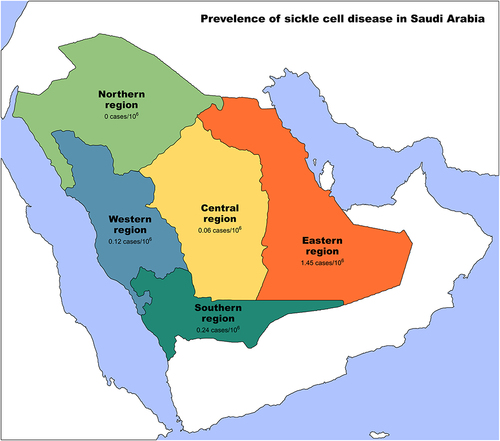 Figure 1 Prevalence of Sickle cell disease in Saudi Arabia. Yellow: Central region of Saudi Arabia, Orange: Eastern region of Saudi Arabia, Green: Southern region of Saudi Arabia, Blue: Western region of Saudi Arabia, Light green: Northern region of Saudi Arabia.