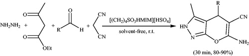 Scheme 78. The use of [(CH2)4SO3HMIM][HSO4] for preparation of dihydropyrano[2,3-c]pyrazoles.