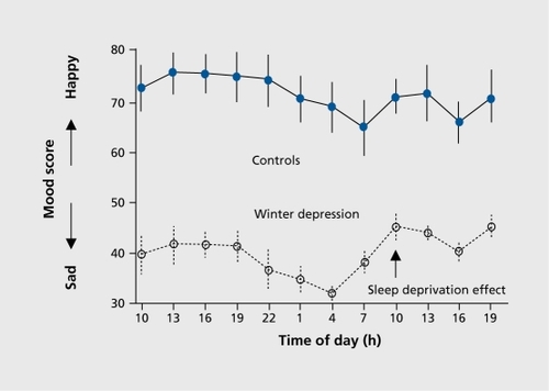 Figure 2. Mood changes (100-mm visual analogue scale) across a 40-hour constant routine protocol (= total sleep deprivation) in control middle-aged women (N=8) and women with winter depression (N=11). Both groups show a circadian rhythm; in addition, patients improve on the second day after sleep deprivation. (Wirz-Justice, unpublished data).