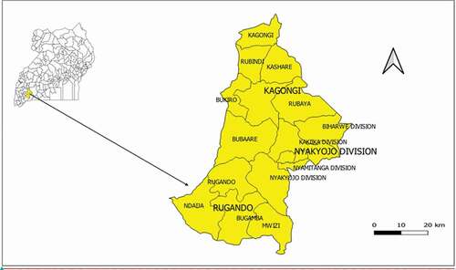 Figure 1. Map of Uganda showing location of Mbarara District. Extended is the map of Mbarara district, showing the sub counties where the study was carried out