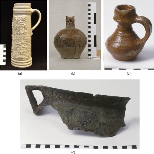 Figure 5. A compilation of finds from Metskär. Photos: Riikka Tevali and Finnish Maritime Museum. (a) a stoneware tankard made in Siegburg, (b) a stoneware Bartmann jug, (c) a small stoneware oil or medicin jug, (d) the rim and handle from a bronze cooking pot.
