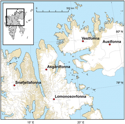 FIGURE 1. Location map of the Svalbard drilling sites (400 m isolines). White patches represent snow/ice-covered areas.