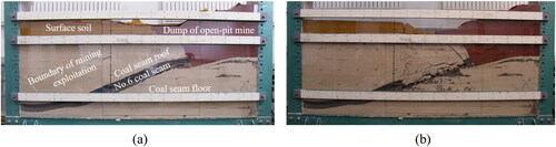 Figure 13. Model failure phenomena in the process of underground mining: (a) initial excavation stage; (b) overburden breaks and sinks with top coal caving.