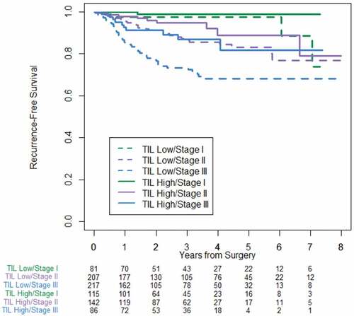 Figure 4. Stage-specific recurrence-free survival stratified by TIL high and TIL low for entire cohort of 848 patients
